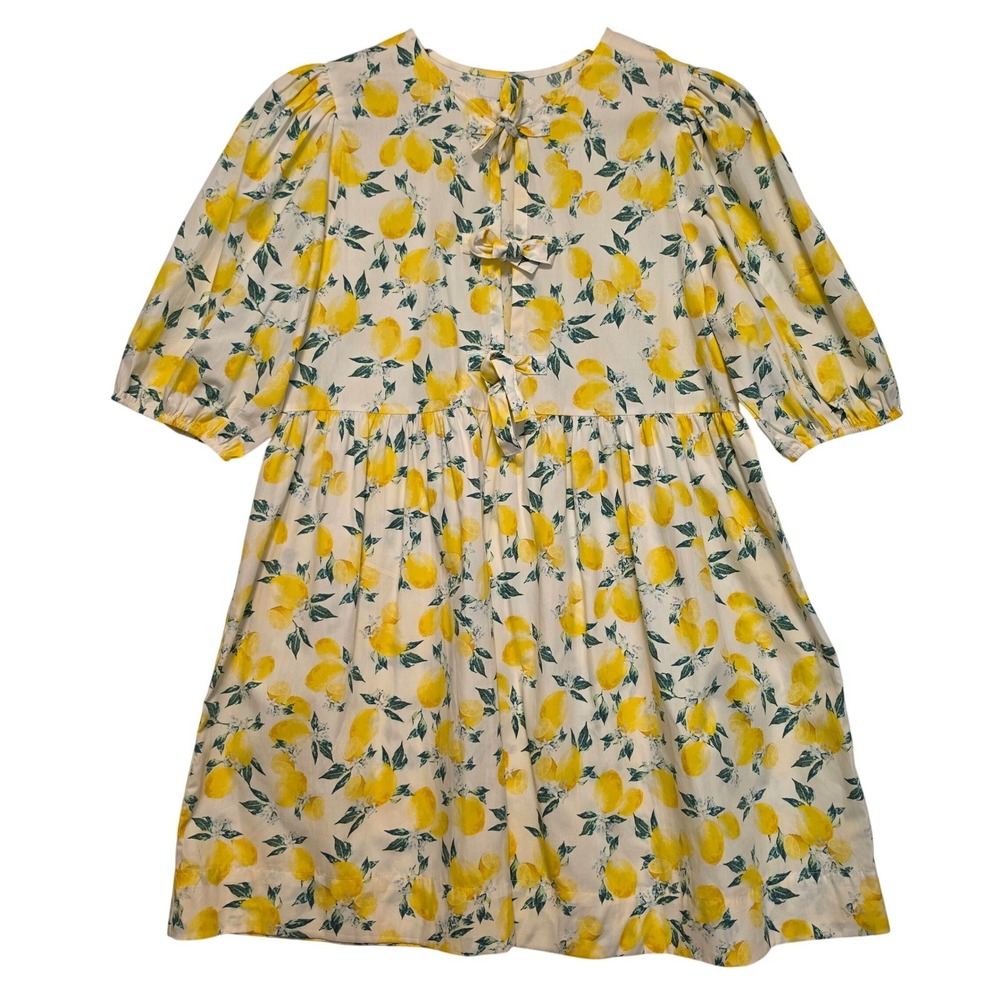George Lemon Print Bow Back Puff Sleeve Babydoll Cotton Dress Yellow Size Medium